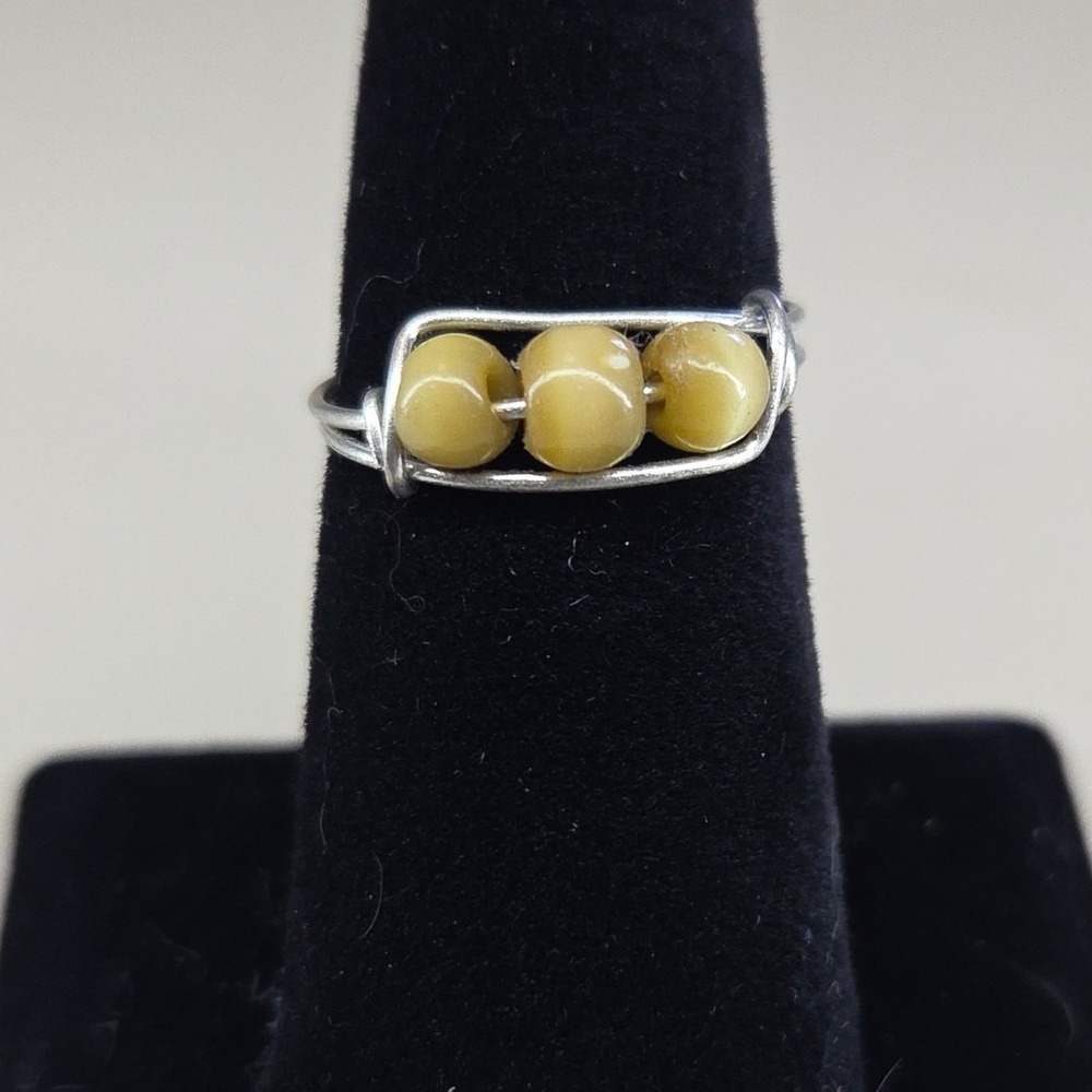 Handmade Wire Wrapped Ring Silver Tone Yellow Cat Eye Beads Size 7.5 Boho